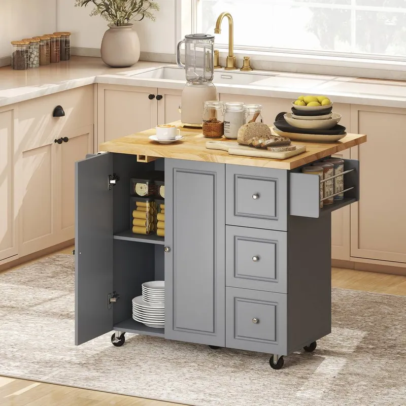 Homcom Rolling Kitchen Island, Kitchen Storage Trolley w/ Drop Leaf, Drawers in Grey Size: Large - Grey