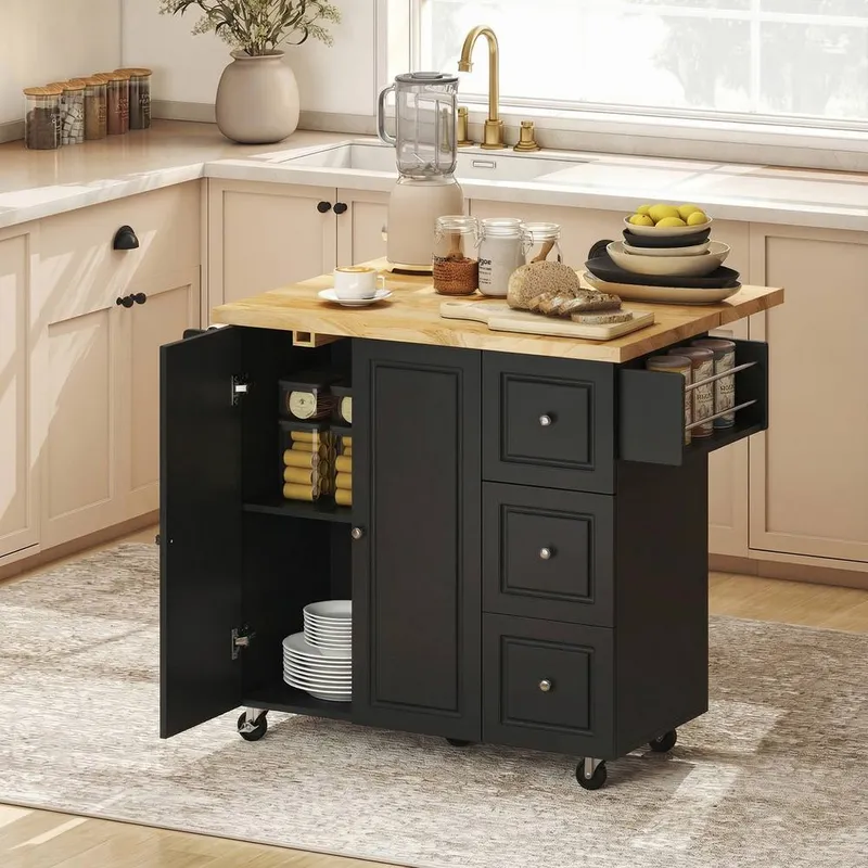 Homcom Rolling Kitchen Island, Kitchen Storage Trolley w/ Drop Leaf, Drawers in Black Black