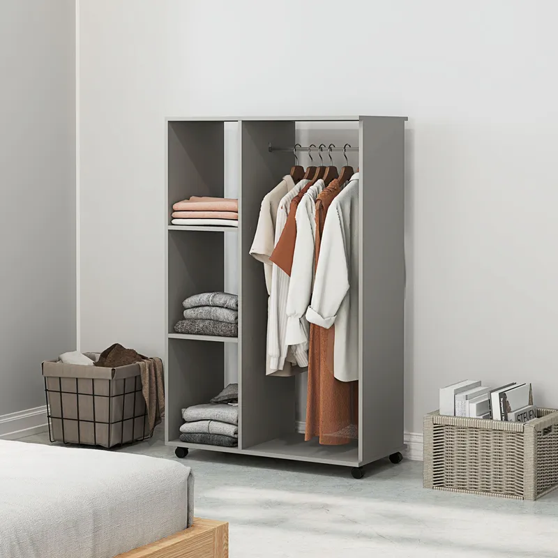 Homcom Rolling Open Wardrobe Hanging Rail Storage Shelves for Clothes Grey