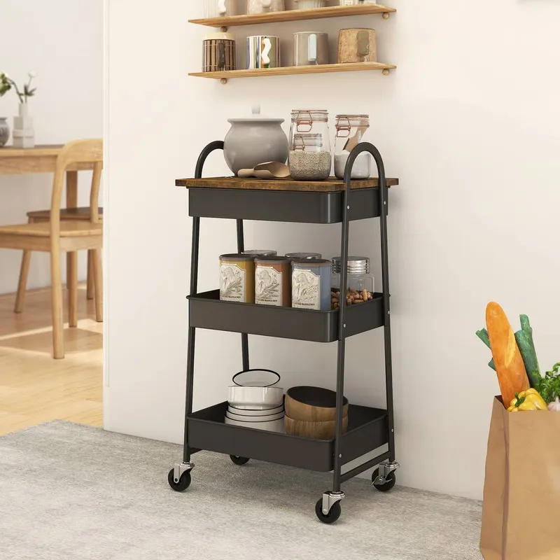 Homcom Rolling Utility Cart with Mesh Baskets for Kitchen in Brown Brown