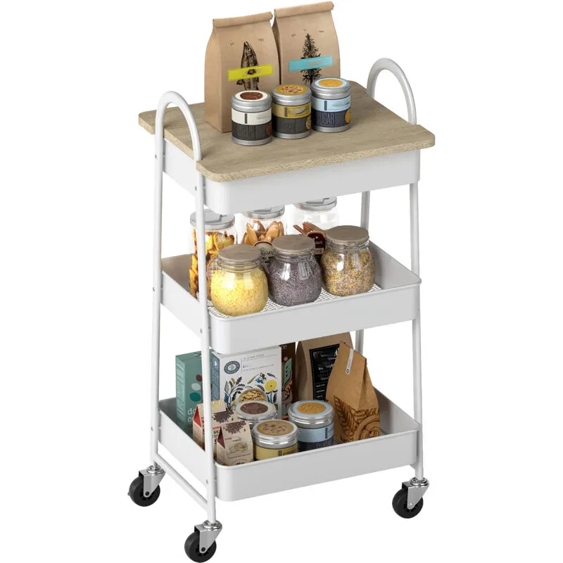 Homcom Rolling Utility Cart with Mesh Baskets for Kitchen in Light Oak Light Oak