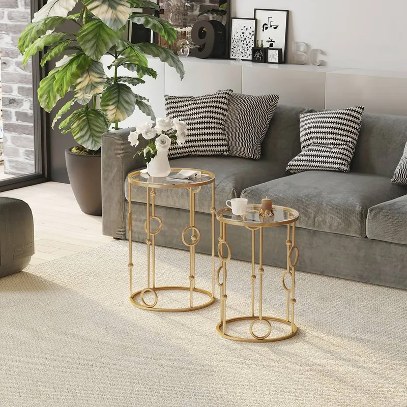 Homcom Round Coffee Tables Set of 2 Gold Nesting Side End Tables Gold