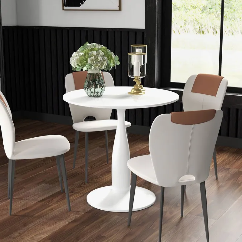 Homcom Round Dining Table, Modern Kitchen Table with Steel Base in White - White