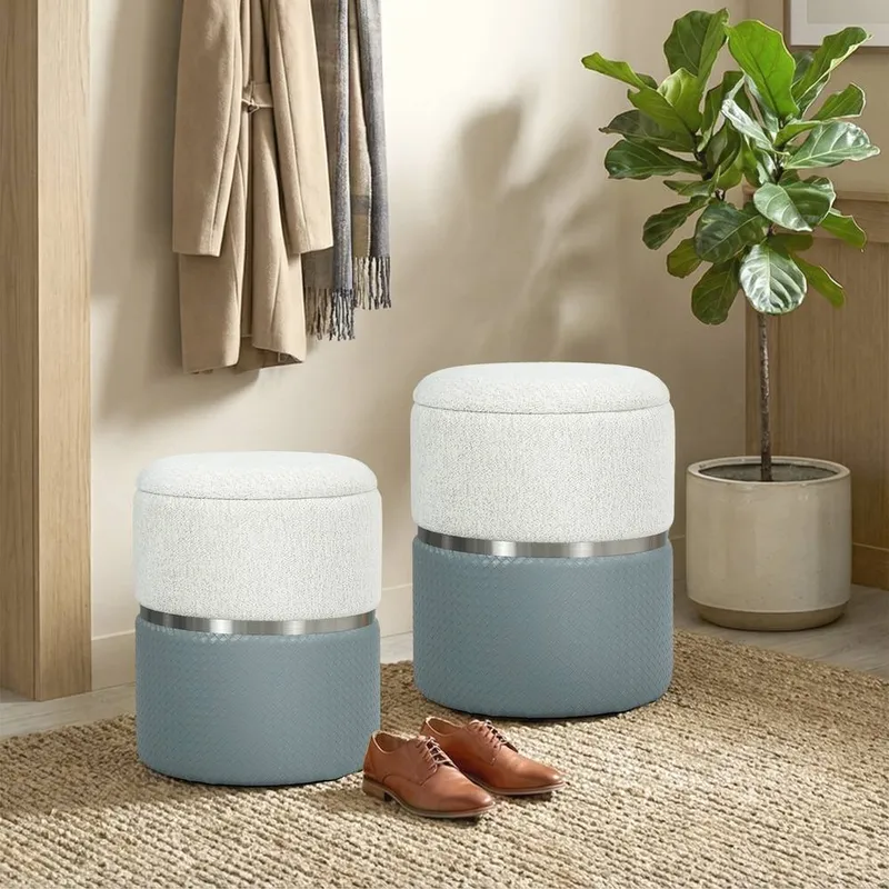 Homcom Round Storage Ottoman Set of 2, Nesting Footrest Stool, Cream & Grey
