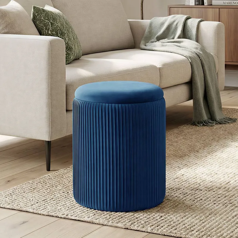 Homcom Round Storage Ottoman with Removable Top in Blue Blue