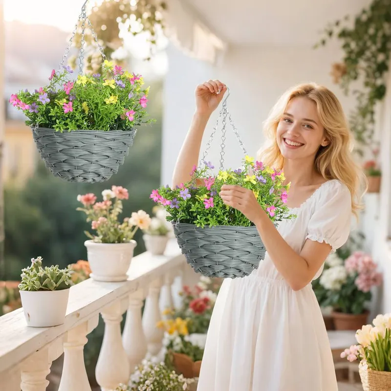 Homcom Set of 2 Artificial Cosmos Flowers, Hanging Planters with Basket Multicolor