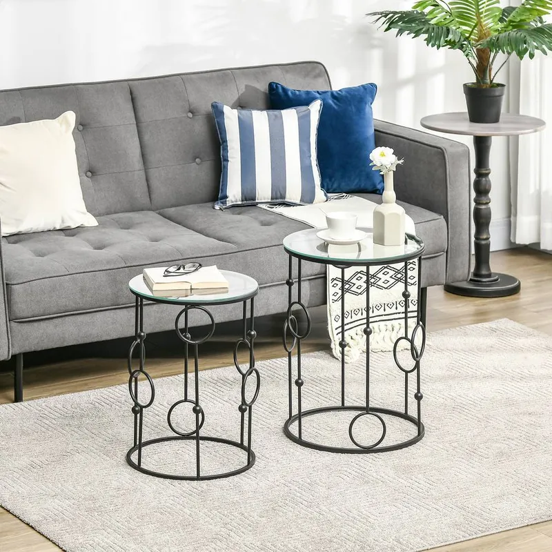 Homcom Set of 2 Nesting Coffee Table, Side Tables with Glass Top, Black