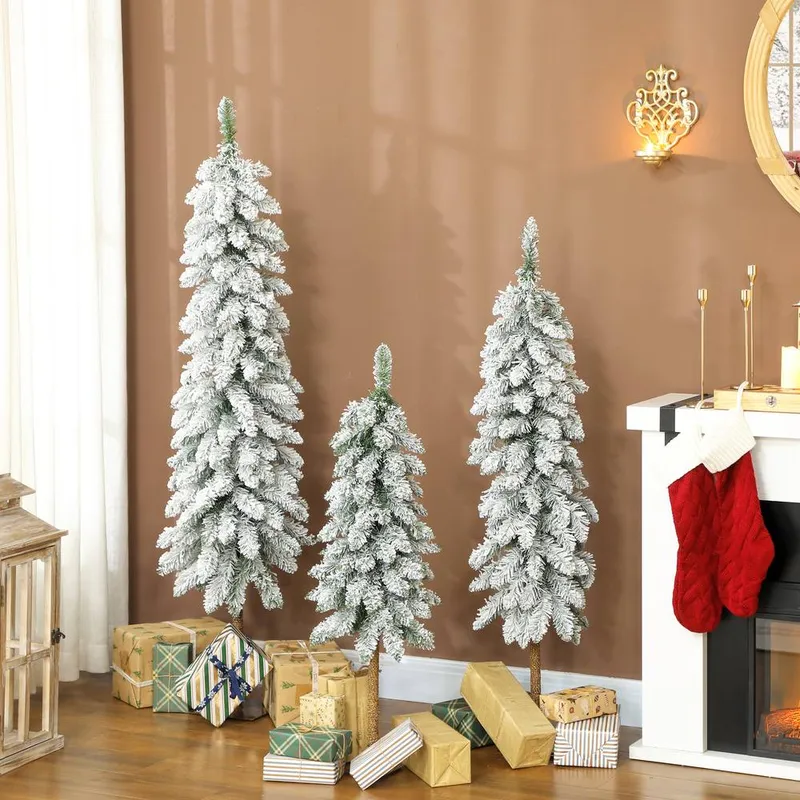 Homcom Set of 3 Flocked Christmas Tree, Pencil Downswept Xmas Tree
