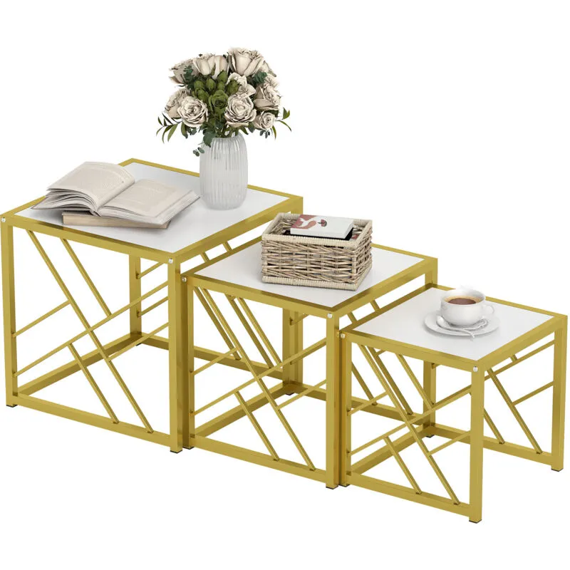 Homcom Set of 3 Nesting Coffee Tables Square End Tables w/ Metal Frame White