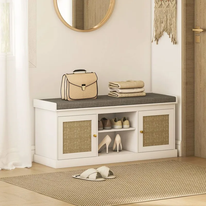 Homcom Shoe Bench, Boho Shoe Storage Bench with Padded Cushion, White - White