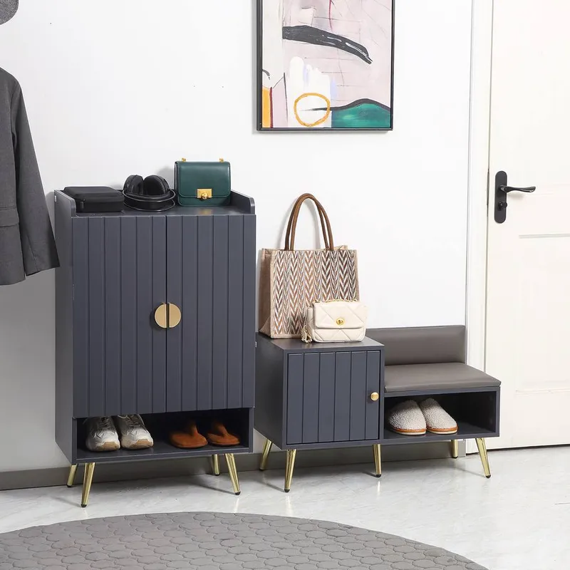 Homcom - Upholstered Entryway Shoe Bench with Storage Cabinet Open Shelf Grey