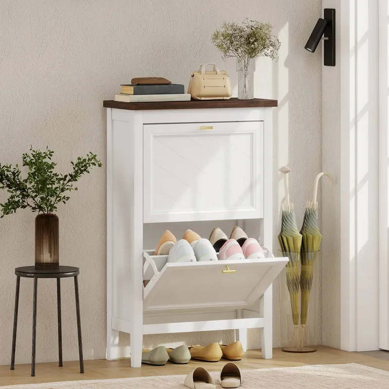 Homcom Shoe Cabinet with 2 Flip Drawers, Narrow Shoe Storage Cabinet, White - White