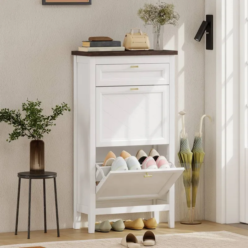 Homcom Shoe Cabinet with 2 Flip Drawers, Narrow Shoe Storage Cabinet, White White