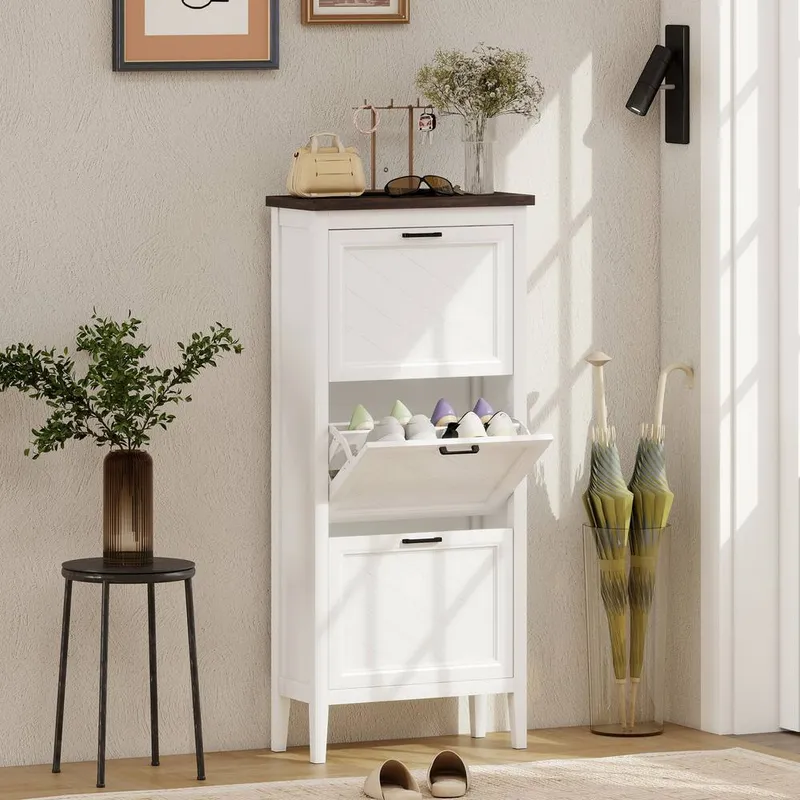 Homcom Shoe Cabinet with 3 Flip Drawers, Narrow Shoe Storage Cabinet, White - White