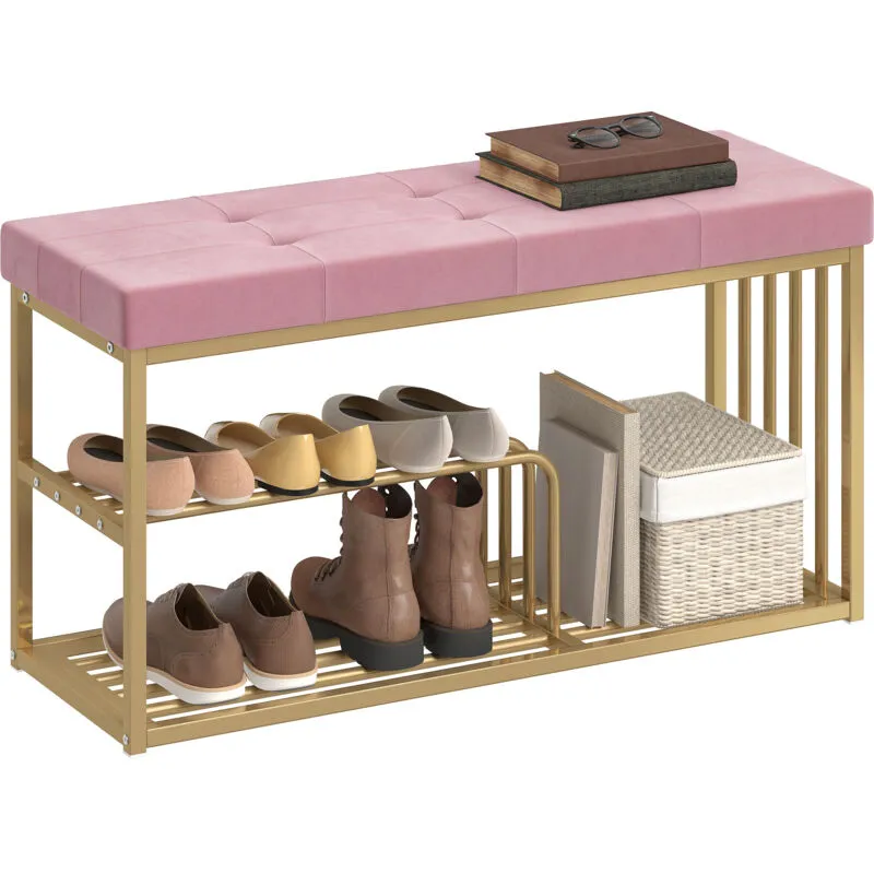 Homcom Shoe Storage Bench with Seat Cushion Tufted Shoe Rack Bench in Pink Pink