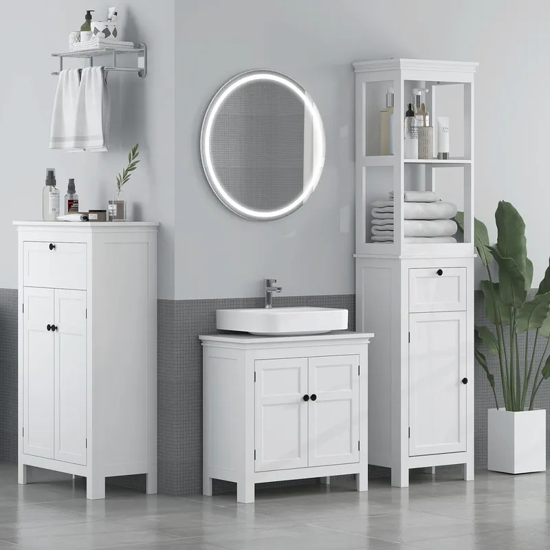 Homcom Slim Bathroom Storage Cabinet with Open Shelves & Drawer, White White