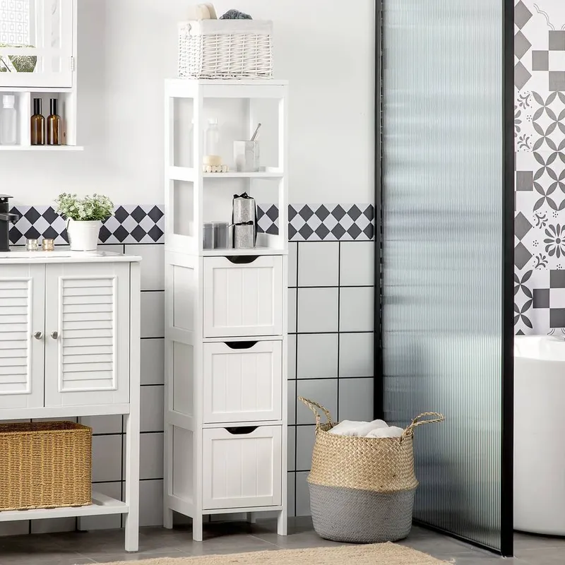 Homcom Slim Bathroom Storage unit with 3 Drawers & 2 Open Shelves, White White