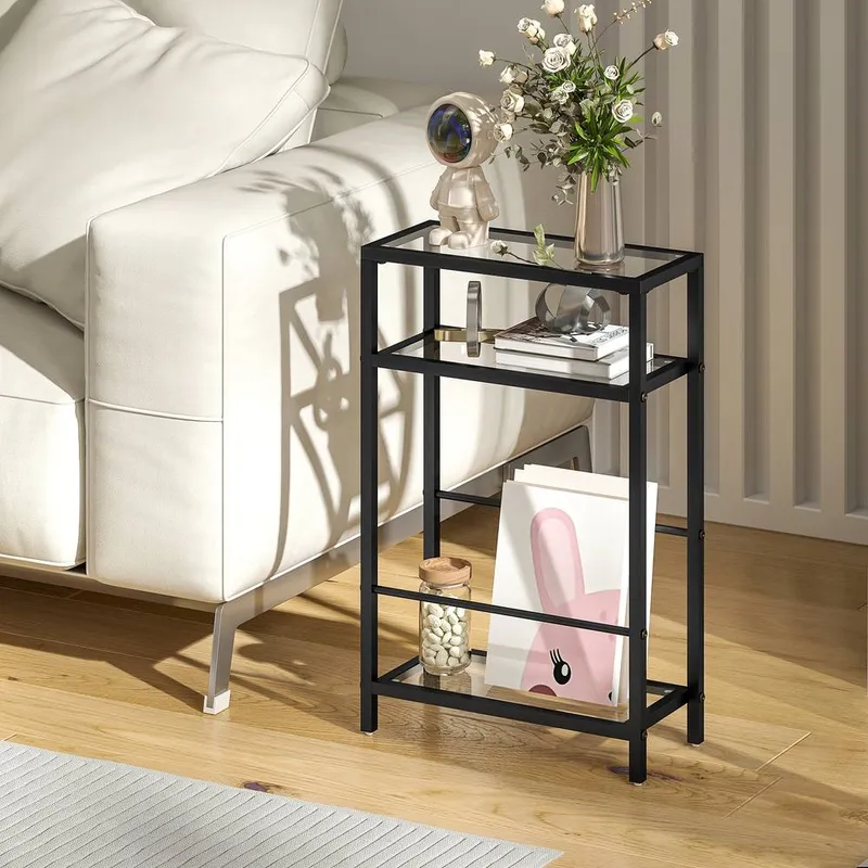 Homcom Slim Side Table, End Table with Tempered Glass Tabletop, Black