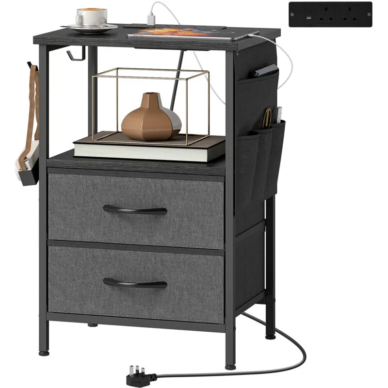 Homcom Slim Side Table with Charging Station, Bedside Table, Black - Black - Size: One Size