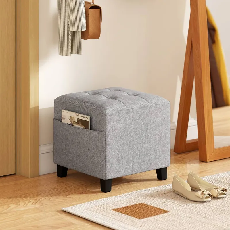 Homcom Small Footstool Square Ottoman with Padded Seat, Light Grey - Light Grey