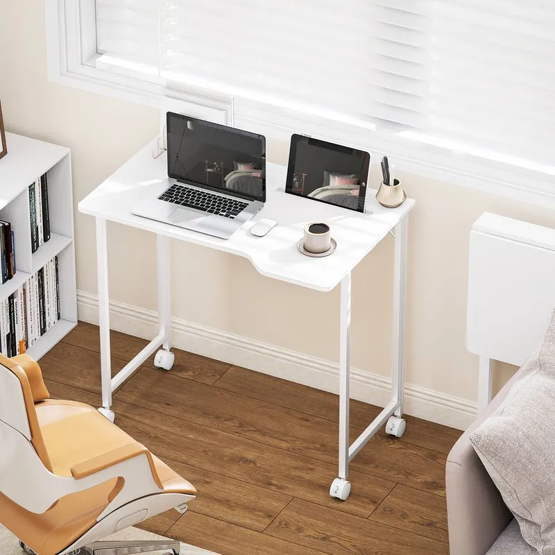 Homcom Small Writing Desk with Wheels, Folding Study Table in White White