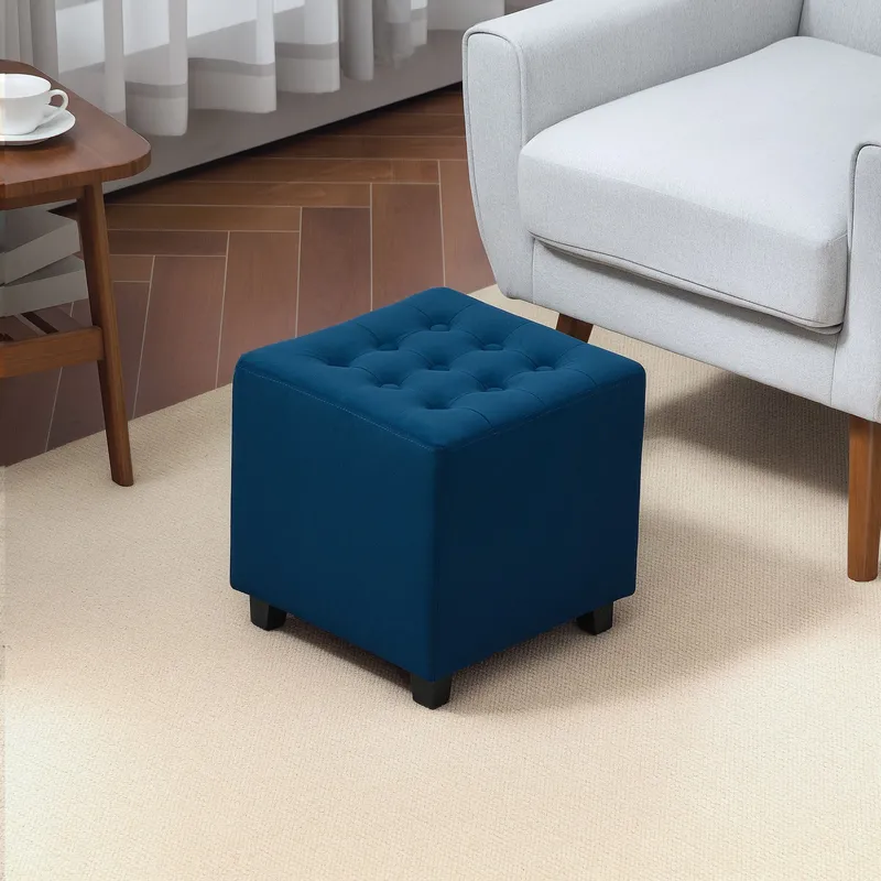 Homcom Square Footstool Small Ottoman with Wood Legs for Bedroom in Blue Blue