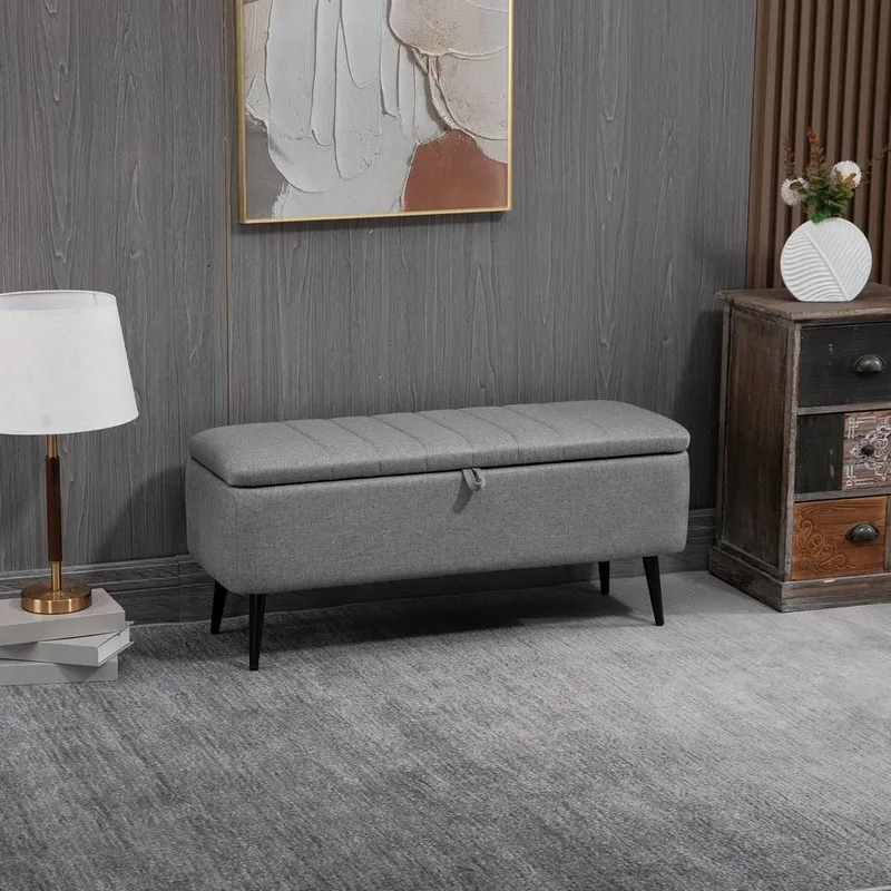 Homcom Storage Ottoman Bench, Linen Fabric Footstool with Steel Legs Grey - Grey
