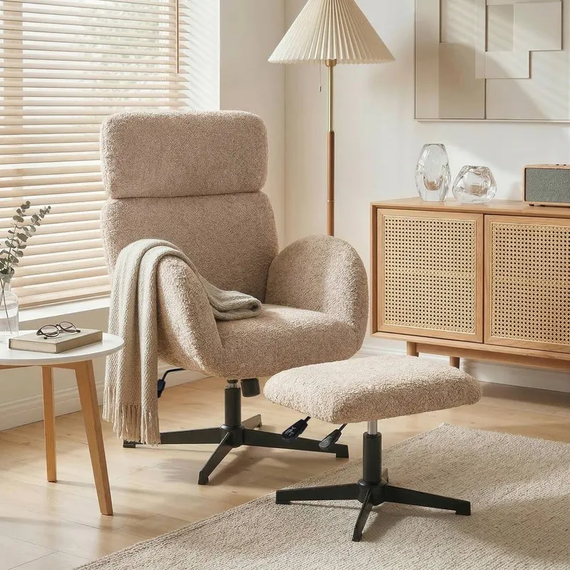 Homcom Swivel Armchair with Footstool, Rocking Accent Chair in Light Brown Light Brown Armchair
