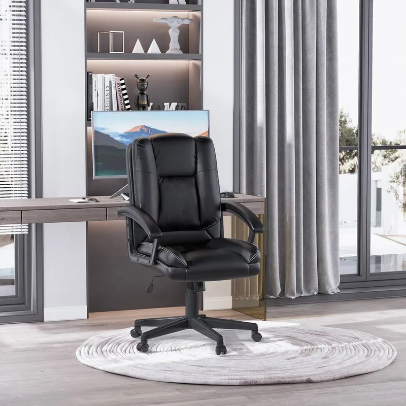 Homcom Swivel Executive Office Chair Mid Back PU Leather Chair w/ Arm in Black - Black