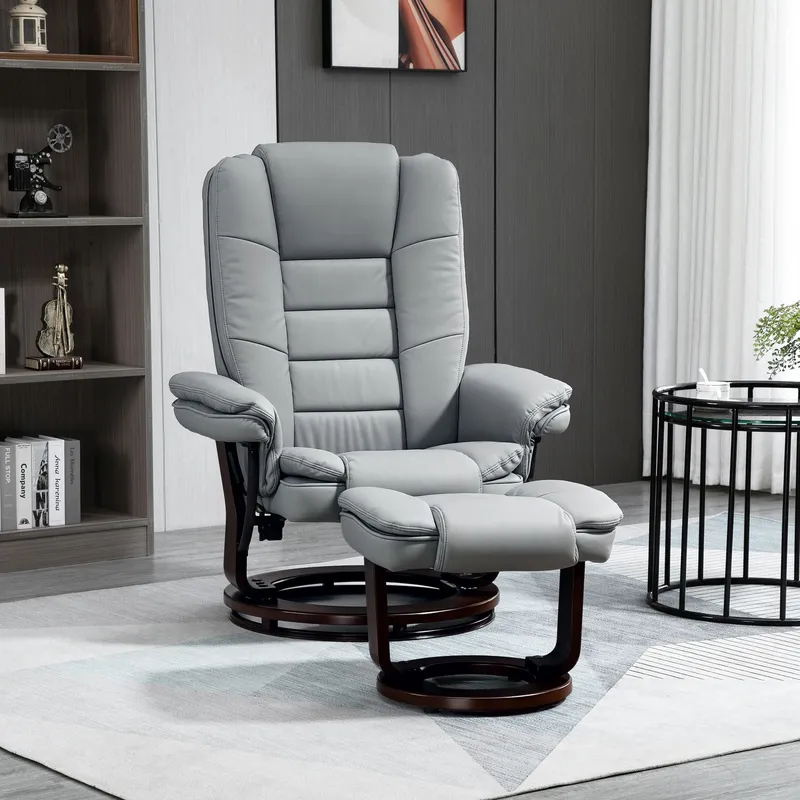 Homcom Swivel Manual Recliner & Footrest Set PU Leather Lounge Chair in Grey - Grey
