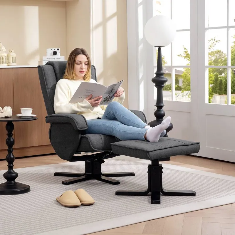Homcom Swivel Recliner Chair with Footstool, Linen Upholstered in Charcoal Size: Armchair - Charcoal
