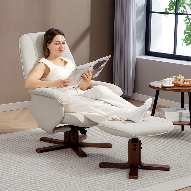 Homcom Swivel Recliner Chair with Footstool & Wooden Base in Beige Size: Armchair - Beige