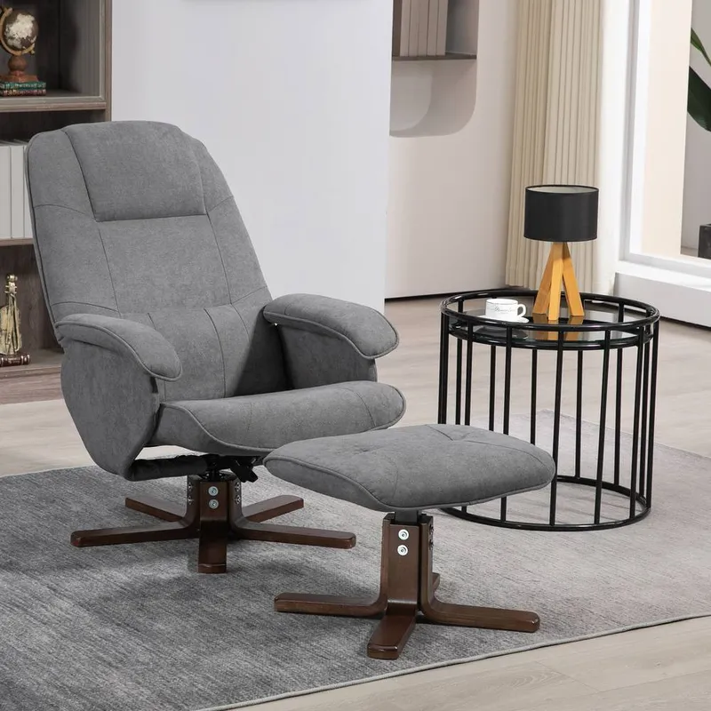 Homcom Swivel Recliner Chair with Footstool & Wooden Base in Grey - Grey