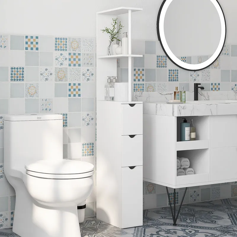 Homcom Tall Bathroom Cabinet, Bathroom Storage Cabinet W/ Shelf, Drawers in White White