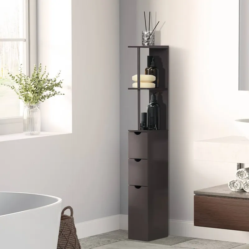 Homcom Tall Bathroom Storage Cabinet with Shelf & Drawers, Brown - Brown