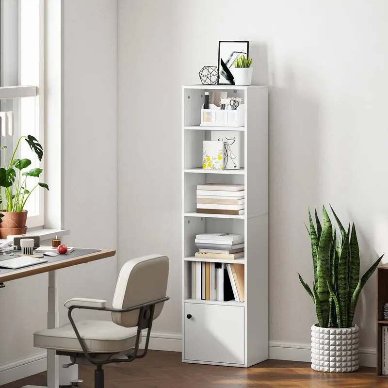 Homcom Tall Bookcase, 6-Tier Bookshelf with 3 Adjustable Shelves, White - White