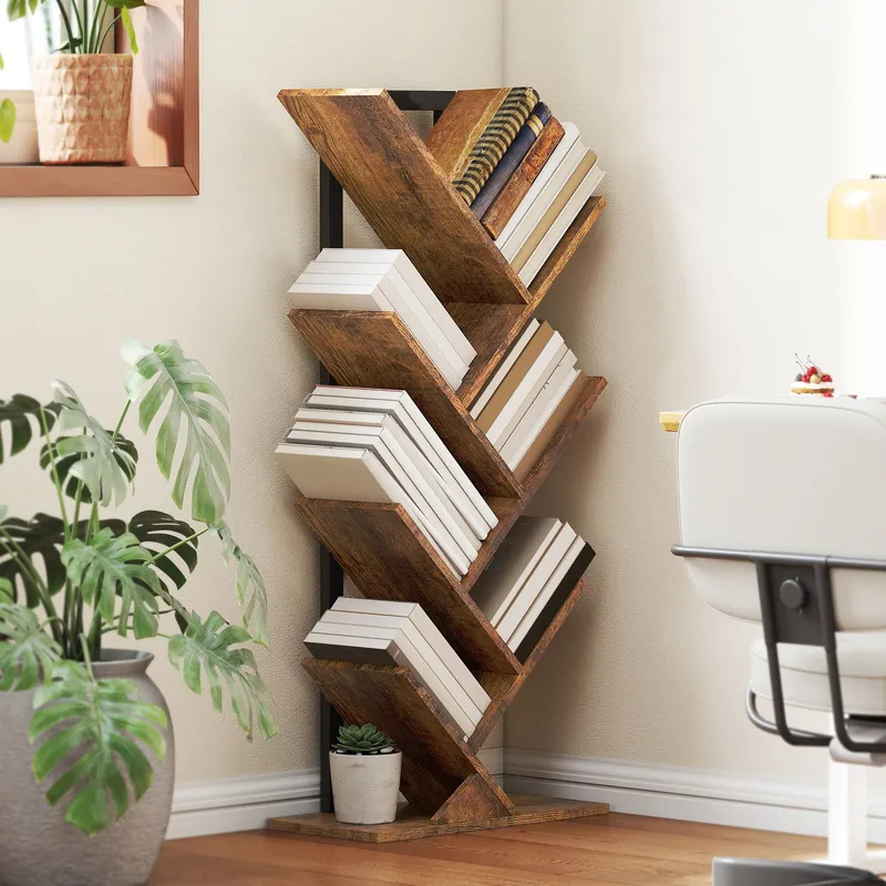 Homcom Tree Bookshelf with Steel Frame for Living Room, Rustic Brown - Brown - Size: One Size