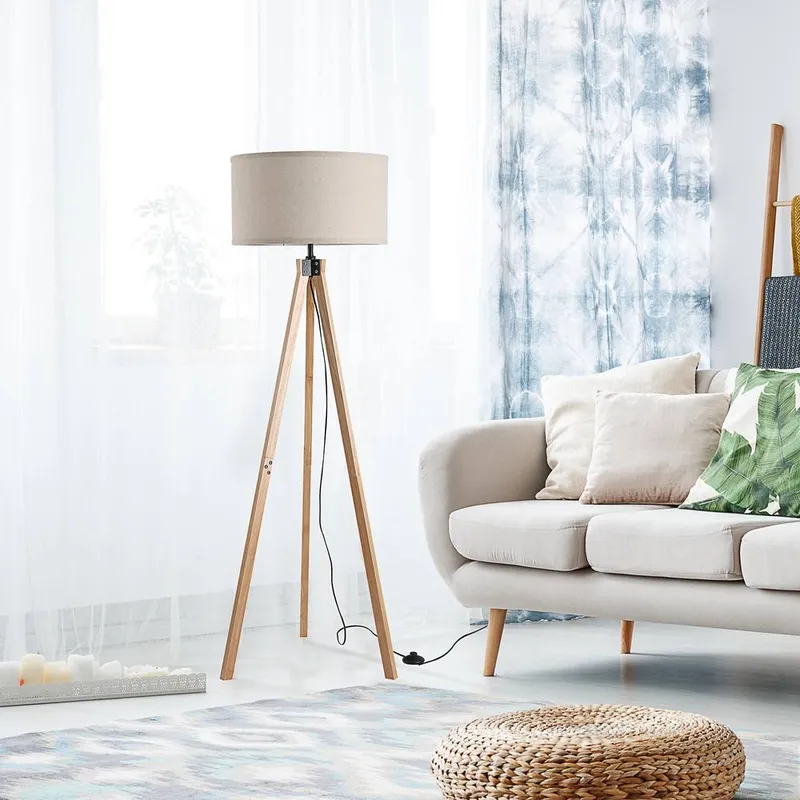 Homcom - Wood Tripod Floor Lamp Home Lighting Elegant E27 Bulb Linen Shade Beige