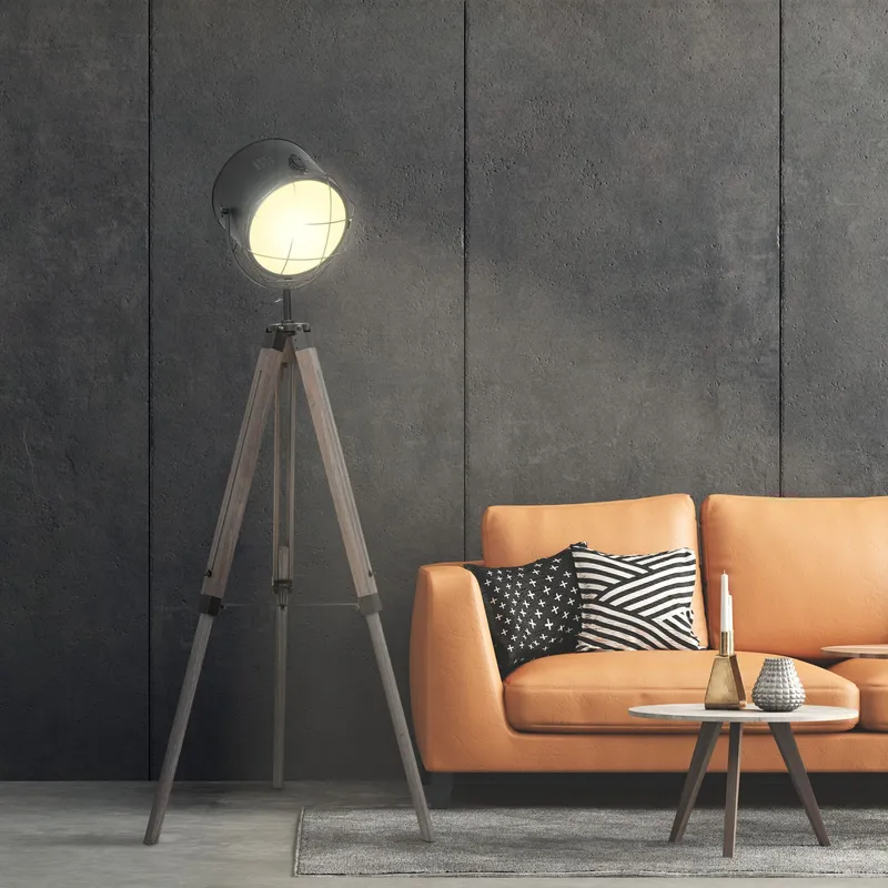 Homcom Tripod Floor Lamp Steel Pine Wood Finish Height Adjustable in Grey Grey