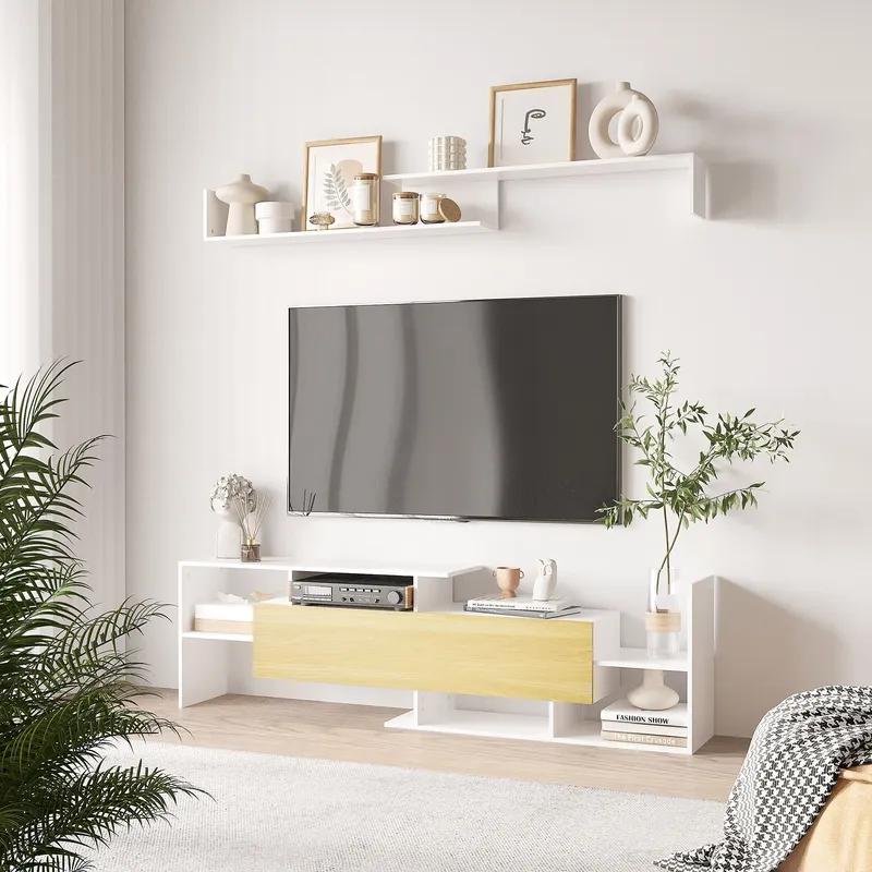 Homcom TV Cabinet Unit w/ Wall-Mounted Shelf, Open Shelves White & Natural - White
