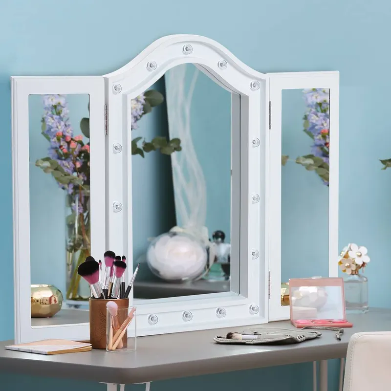 Homcom Lighted Tri Fold Vanity Mirror Makeup Tabletop LED Lights for Bedroom in White White