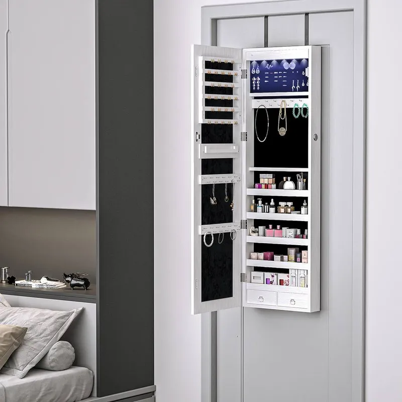 Homcom Mirrored Jewellery Storage Cabinet Door Mounted Wall mounted in White White