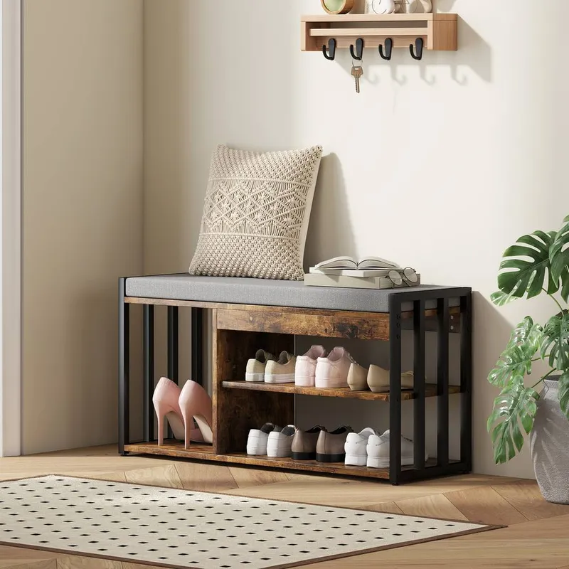 Homcom Upholstered Entryway Shoe Bench with Storage Shelves, Rustic Brown - Brown
