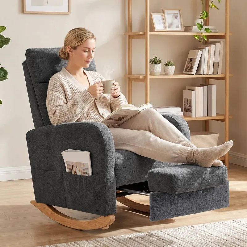 Homcom Upholstered Rocking Chair with Retractable Footrest Grey Grey