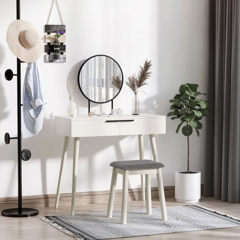 Homcom - Dressing Table Vanity Set Make Up Desk with Mirror & Stool White