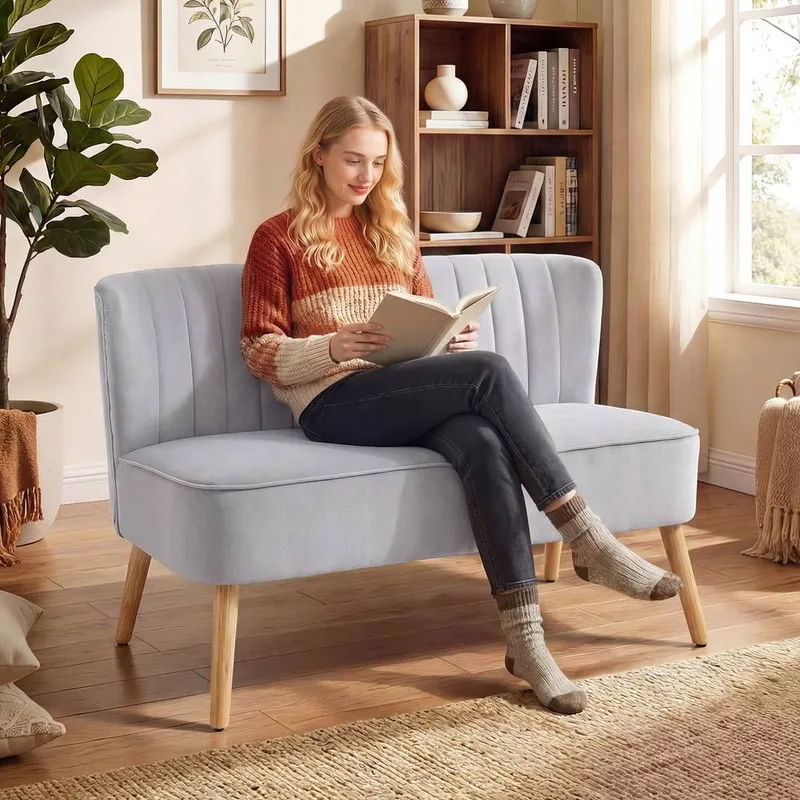 Homcom Velvet-Feel Double Sofa w/ Wood Frame Foam Padding in Light Grey Size: 2 Seater - Light Grey