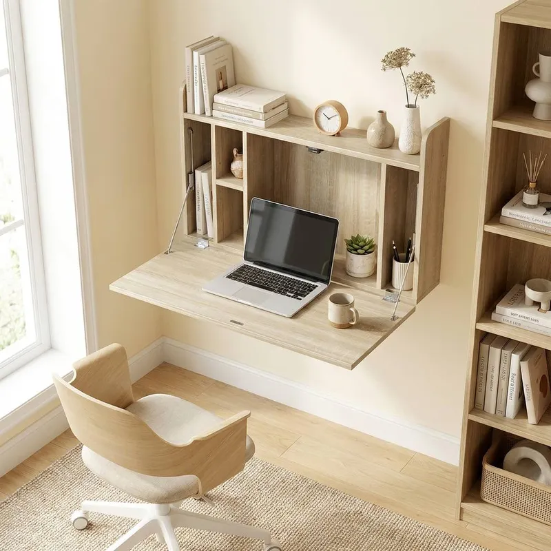 Homcom Wall Mounted Table w/ Space Saving Storage Compartments, Oak