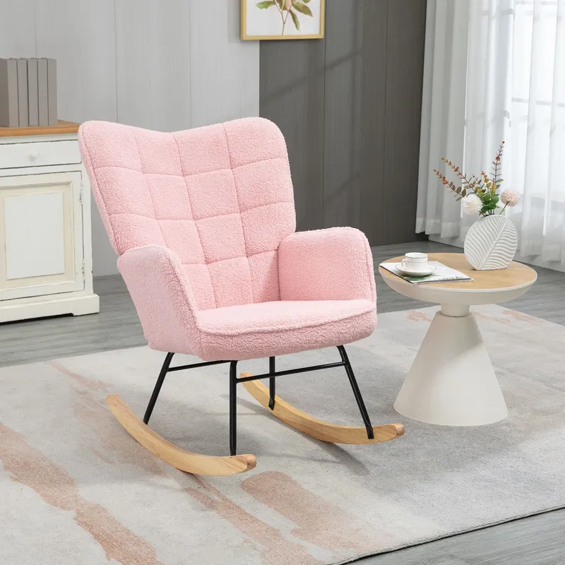 Homcom - Wingback Rocking Chair for Nursing w/ Steel Frame and Wooden Base Pink