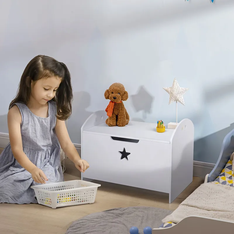 Kids Wooden Toy Children Box Storage Organizer Side Handle White - Homcom