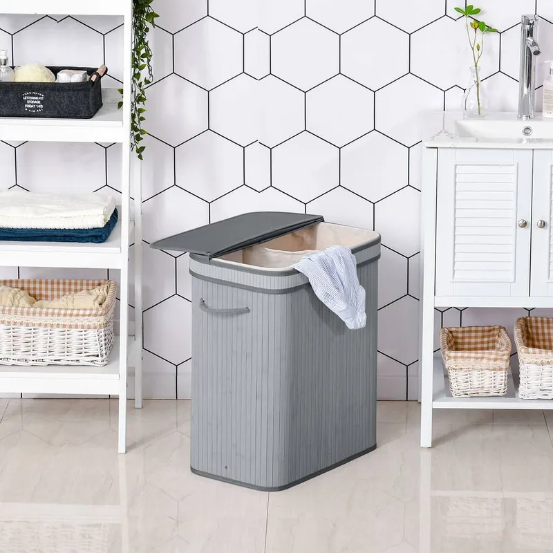 Homcom Wooden Laundry Basket Compartment Flip Lid Removable Lining Handles in Grey Size: Large - Grey